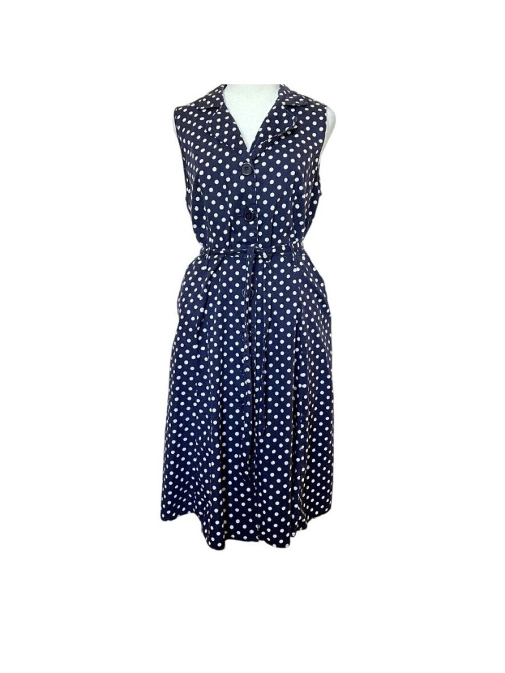 Vintage Navy Polka Dot Womens Sz L Shirt Dress Rockabilly Pin Up - Picture 3 of 15
